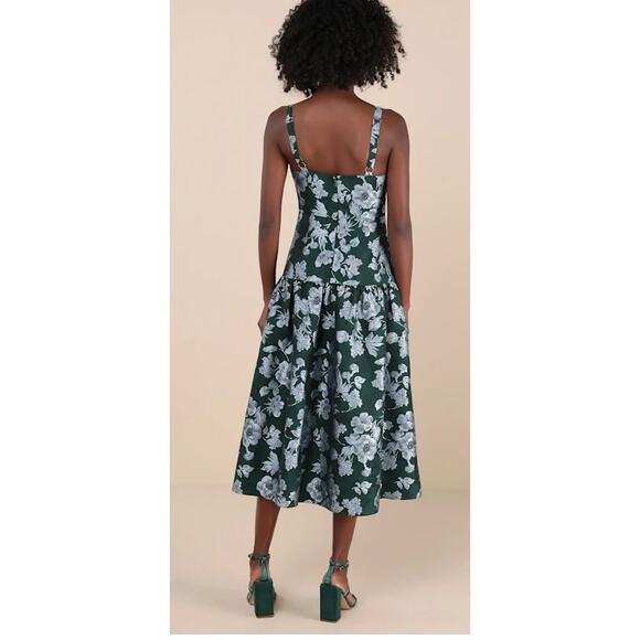 Lulus Emerald Floral Jacquard Drop Waist Major Flirtation Midi Dress Size Small - Picture 11 of 12